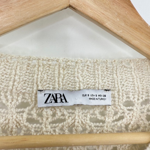 Zara Knit Cropped Sweater Small Cream Pom Pom Open Knit Boho Chic Pullover - Picture 3 of 11